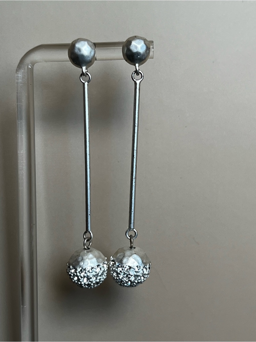 Kenneth Cole Reaction Silver Long Drop Hammered Ball Earrings w/ crystal accents